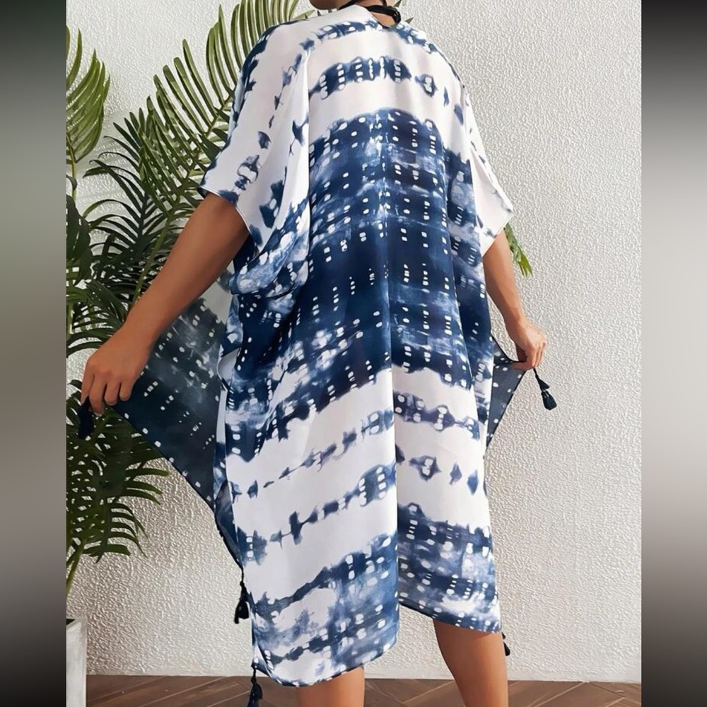 Boho Tie Dye Ombre Print Tassel Kimono Swim Beach Cover Up Top - Picture 2 of 4